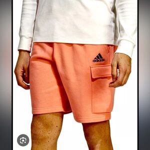 NWT- MENS ADIDAS CARGO LONG LENGTH ATHLETIC SHORTS- CORAL- LARGE